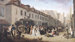 La llegada de una diligencia a la terminal, rue Notre-Dame-des-Victoires, París de Louis Leopold Boilly