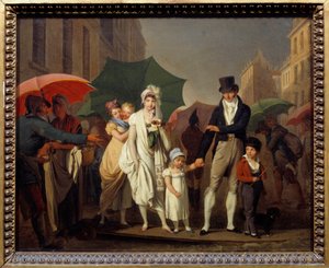 La lluvia. Burgueses parisinos vestidos a la moda del Primer Imperio protegiéndose de la lluvia de Louis Leopold Boilly