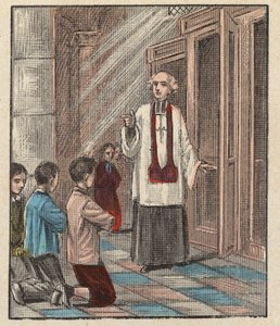 Preparación para el estreno de la comunión - Catecismo - (Primera Comunión) Preparación para la primera comunión - - Grabado de "La enseñanza religiosa por los ojos. Álbum maravilloso" de Louis Maitrejean y Georget Ramond - Francia 1910 de Louis Maitrejean