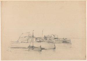 Casas y dos barcos cerca de la orilla de Louis Meijer