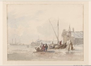 Escena de playa con pescadores cerca de un barco en primer plano de Louis Meijer
