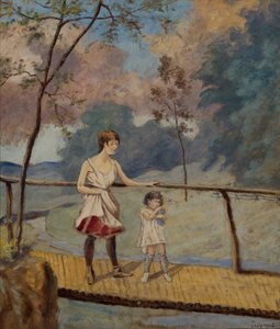Dos chicas en un puente de troncos de Louis Michel Eilshemius