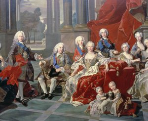 131 0794093/1 La familia de Felipe V de España (1683-1746) detalle que representa al rey, su segunda esposa Isabel Farnesio y el futuro Fernando VI de Louis Michel van Loo