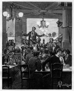 En el medio, sobre una mesa, Desroches dirige el charivari. Escena en un café parisino: la gente canta, bebe, fuma, charla y coquetea alrededor de las mesas. En “Treinta años de París” colección autobiográfica de Alphonse Daudet (1840-1897). Grabado despué de Louis Montegut