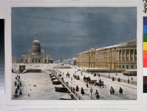 Catedral de San Isaac y Plaza del Senado en San Petersburgo. Dibujo de Louis Pierre Alphonse Bichebois (Louis-Pierre-Alphonse) (1801-1850). Litografía coloreada a la acuarela, de Louis Philippe Alphonse Bichebois
