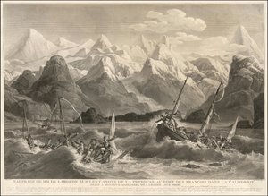 Grabado de 1786 de un naufragio de dos pequeñas embarcaciones que formaban parte de la expedición de La Perouse de Louis Philippe Crepin