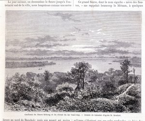 Confluencia del río Mekong y el canal del lago Touli - slap. Dibujo de Sabatier según el Sr. Mouhot. "Tour du monde" de Louis Remy Sabatier