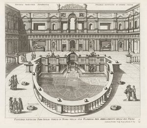 Ninfeo en de Villa Giulia te Rome Fuente realizada por el Papa Iiulio tercero en Roma en la Via Flaminia (...) (título sobre objeto) Las fuentes en los palacios y jardines de Roma (título de la serie) Fonteinen in de paleizen en tuinen van Rome (título de 