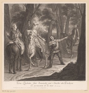Don Quijote hace que Sancho pida permiso a la duquesa para verla Don Quijote fait demander par Sancho ala Duchesse ca permiso de la voir (título sobre objeto) Historia de Don Quijote de La Mancha (título de la serie) de Louis Surugue