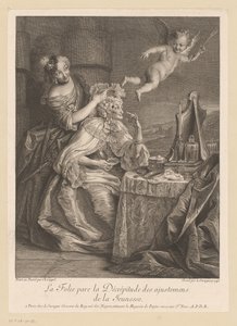 La dama de la corte ayuda a la anciana a camuflar los signos del envejecimiento La Folie pare la Décrépitude des settings de la Jeunesse (título sobre objeto) de Louis Surugue