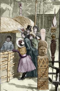 Exposición Universal 1889 - El pueblo canaco en la Esplanade des Invalides (los canacos exhibidos durante la exposición: Zoo humano) - Dibujo de Louis Tinayre (1861-1942) - en “El Mundo Ilustrado” del 22/07/1889.