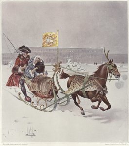 Un hombre y una mujer montando en un trineo tirado por caballos de Louis Vallet