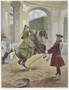 Una mujer montando un caballo que se está encabritando ante un hombre con un látigo de Louis Vallet