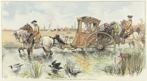 Una mujer viajando en un carruaje tirado por caballos a través de un río de Louis Vallet