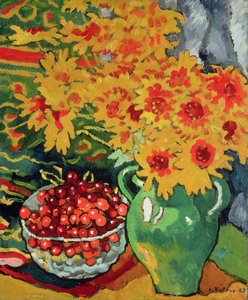 Flores amarillas y un cuenco de cerezas de Louis Valtat