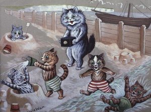Gatos bañándose en el mar de Louis Wain