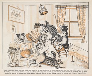 Gatos jugando con cajas en una habitación. de Louis Wain