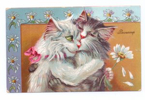 Postal eduardiana de dos gatos abrazándose, c.1910
