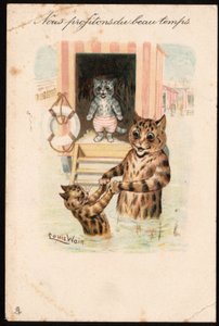 Nosotros disfrutamos del buen tiempo. Animales en postura humana. Baño de mar de gatos en vacaciones. Tarjeta postal. Cromolitografía de Louis Wain (1860-1939), artista inglés conocido por su representación de gatos con grandes ojos. Principios del siglo X