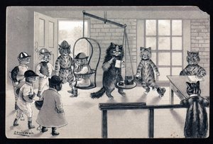Nosotros disfrutamos del buen tiempo. Animales en postura humana. Gato en jockey pesándose en una balanza. Tarjeta postal. Cromolitografía de Louis Wain (1860-1939), artista inglés conocido por su representación de gatos con grandes ojos. Principios del si de Louis Wain
