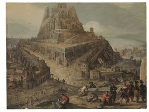 El rey Nimrod ordena la construcción de la Torre de Babel (óleo sobre tabla)