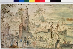 ""Vista de un puerto"" Puerto holandés. Acuarela y pluma de Louis de Caury (conocido como el Maestro del Libro de bocetos de Leningrado) (circa 1580-después de 1621) Museo Pushkin del siglo XVII, Moscú, Rusia de Louis de Caulery