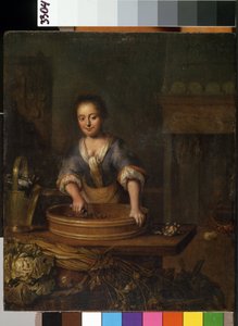 ""The cook"" (El cocinero) Un joven cocinero en una cocina de campo, preparando coles. Pintura de Louis de Moni (1698-1771) Museo de Bellas Artes Mikalojus Konstantinas Ciurlionis, Kaunas, Lituania de Louis de Moni