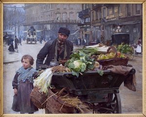 El mercader de las cuatro estaciones en París. Detrás de él, el Hotel del Louvre (distrito 1) Pintura de Louis Marie de Schryver (1862-1942), óleo sobre lienzo