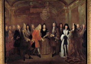 El rey Luis XIV (1638-1715) recibe al príncipe Federico Augusto de Sajonia de Isabel Carlota de Orleans el 27/09/1714 en el castillo de Fontainebleau de Louis de Silvestre