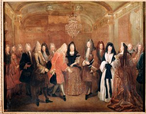 El rey de Francia Luis XIV recibe al príncipe Federico Augusto I en el castillo de Fontainebleau de Louis de Silvestre