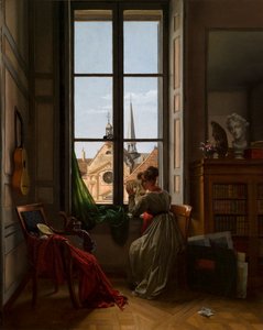 Interior con una joven trazando una flor de Louise Adeone Drolling