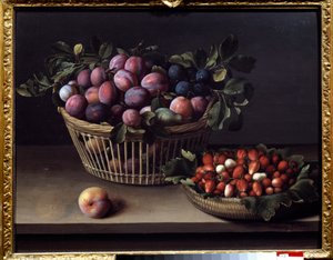 Un durazno, fresas y una canasta de frutas. Pintura de Louise Moillon (1610-1696)