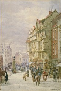 Vista al este a lo largo de Holborn con figuras y vehículos tirados por caballos en la calle, Londres, 1875 de Louise Rayner