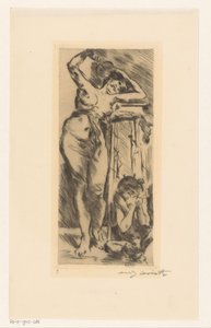 Desnudo femenino con abanico en mano y figura agachada a su derecha de Lovis Corinth (signed by artist)