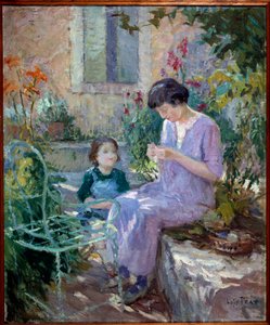 Madame Prat y su hija en el jardín. Pintura de Joseph Loys Prat (1879-1934), siglo XX. Alcalde de Donzere. de Loys Prat