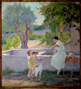 Madame Prat y su hija en el jardín con la cabrita