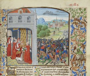 La coronación del Papa Gregorio XI y la Batalla de Pontvallain, 1370, ca 1470-1475 de Loyset Liedet