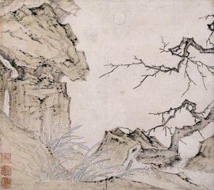 Narciso, ciruelo en un paisaje (tinta y color sobre papel) de Lu Zhi