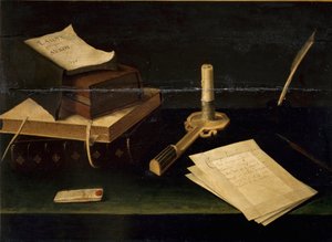 Naturaleza muerta de libros, pluma, carta y vela de Lubin Baugin