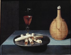 Bodegón de postre de obleas, botella de vino y vaso de Lubin Baugin