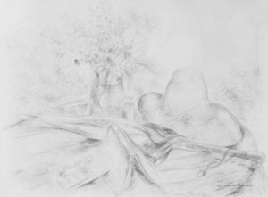 Naturaleza muerta con parasol, libro, sombrero y jarrón de Luc Albert Moreau