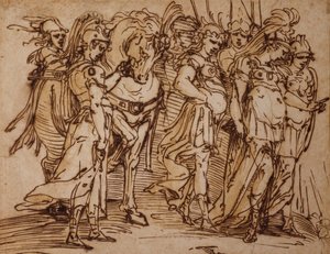 Amazonas con un caballo en procesión a la derecha (pluma y tinta) de Luca Cambiaso