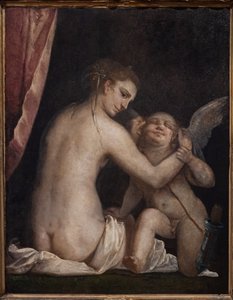 Fontanellato, Labirinto della Masone, Colección de Arte Franco Maria Ricci: "Venus vendando a Cupido". de Luca Cambiaso