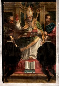 Génova, Duomo (Catedral de San Lorenzo): "San Gotardo entre San Pablo y Santiago y dos devotos arrodillados" (1571), de Luca Cambiaso (con repintes de Carlo Giuseppe Ratti) de Luca Cambiaso