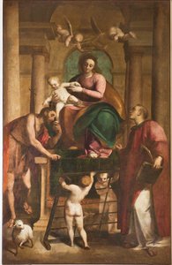 Génova, Duomo (Catedral de San Lorenzo), interior, Baptisterio (antes Iglesia de San Juan el Viejo): "Virgen con el Niño entre San Juan Bautista y San Lorenzo", de Luca Cambiaso, Óleo sobre tabla de Luca Cambiaso