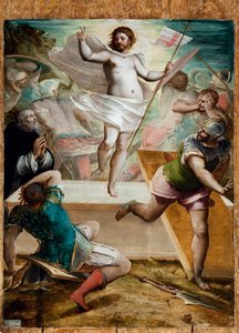 Resurrección, Jesús sostiene una cruz al final de la cual ondea un estandarte con una cruz roja