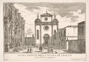 Vista de la fachada de la iglesia de San Roque y a la izquierda la fachada de la Escuela de Luca Carlevarijs