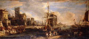 Un Capricho de un Puerto Mediterráneo con Barcos Austriacos, Comerciantes y Marineros en los Muelles en Primer Plano, una Compañía de Milicia cerca del Arco de Constantino y Castel Sant