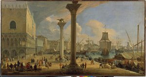El Molo y el Palacio Ducal (Venecia, Italia) - Pintura de Luca Carlevaris (1663-1730), óleo sobre lienzo, hacia 1710, 64x121 cm - El Molo con el Palacio Ducal, Óleo sobre lienzo de Luca Carlevaris - State Hermitage, St -Petersburgo