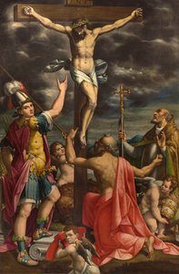 Altar de San Fermo, Crucifixión con los Santos Fermo Jerónimo y el Papa Gregorio XIV, Luca Cattapane 1593 de Luca Cattapane